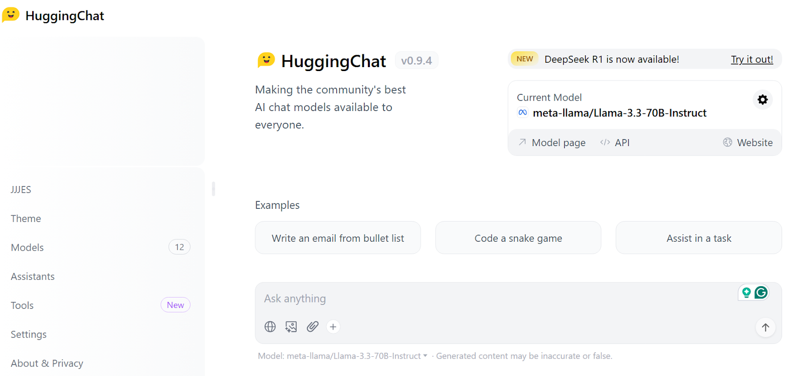 HuggingChat's interface